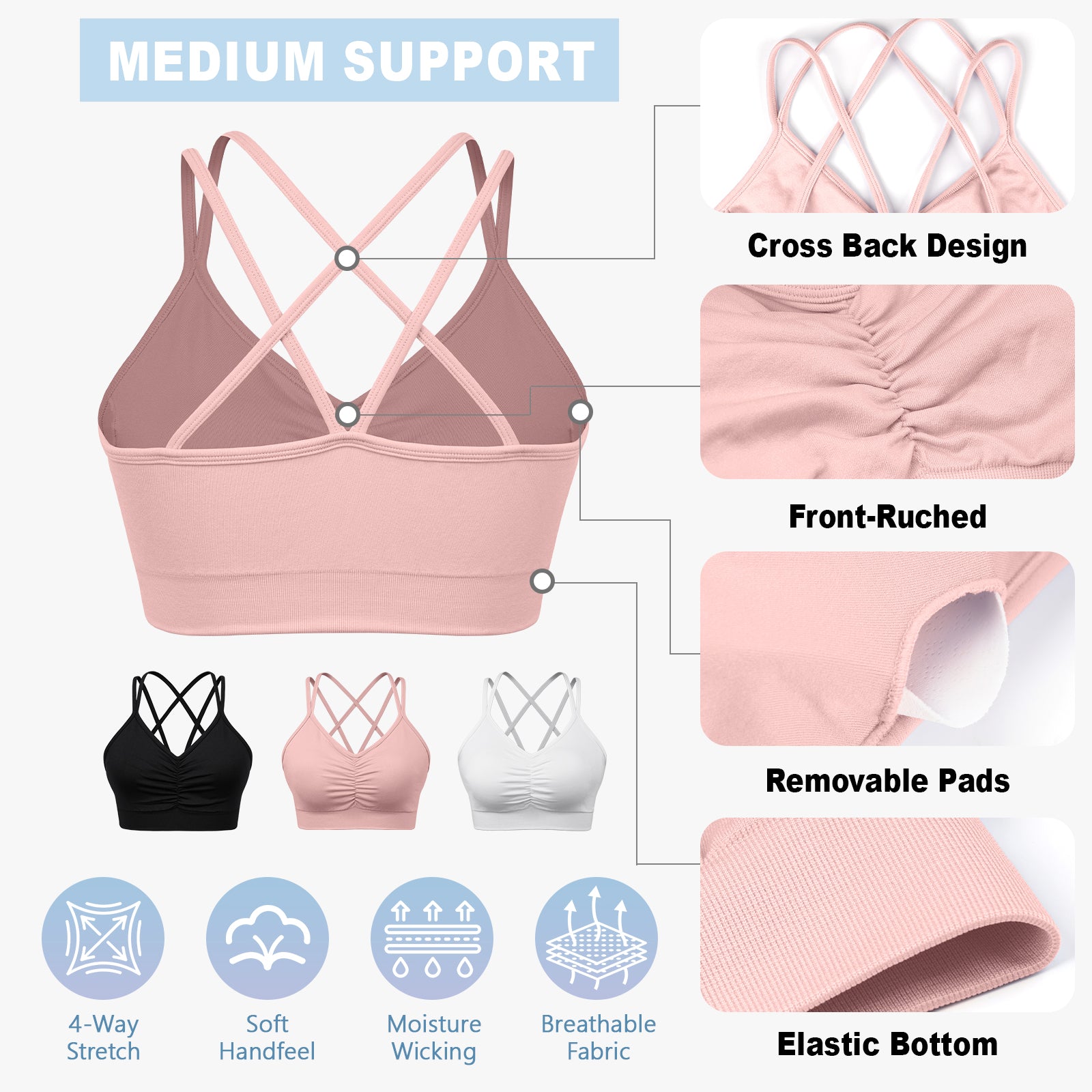 Sports Ruched V Neck Bra Pink