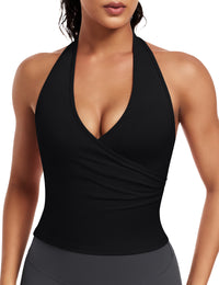 V Neck Open Back Halter Crop Top with Built-in Bra
