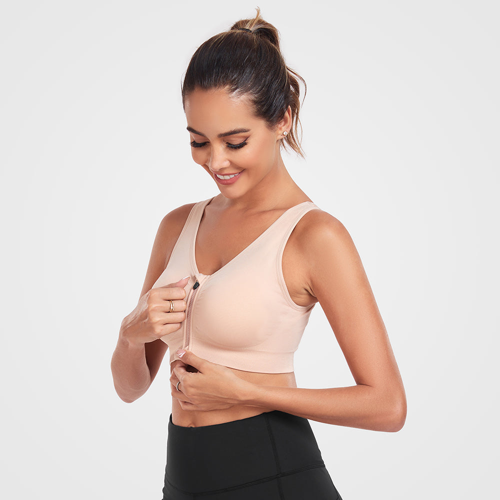 Women's Zip Front Active Yoga Sports Bras Beige