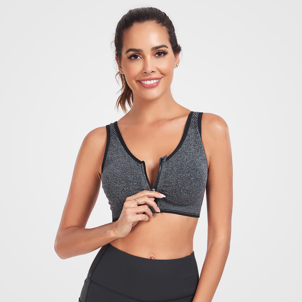 Women's Zip Front Active Yoga Sports Bras Grey