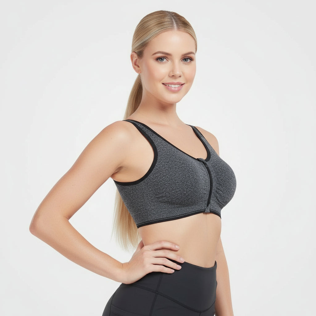 Women's Zip Front Active Yoga Sports Bras Grey