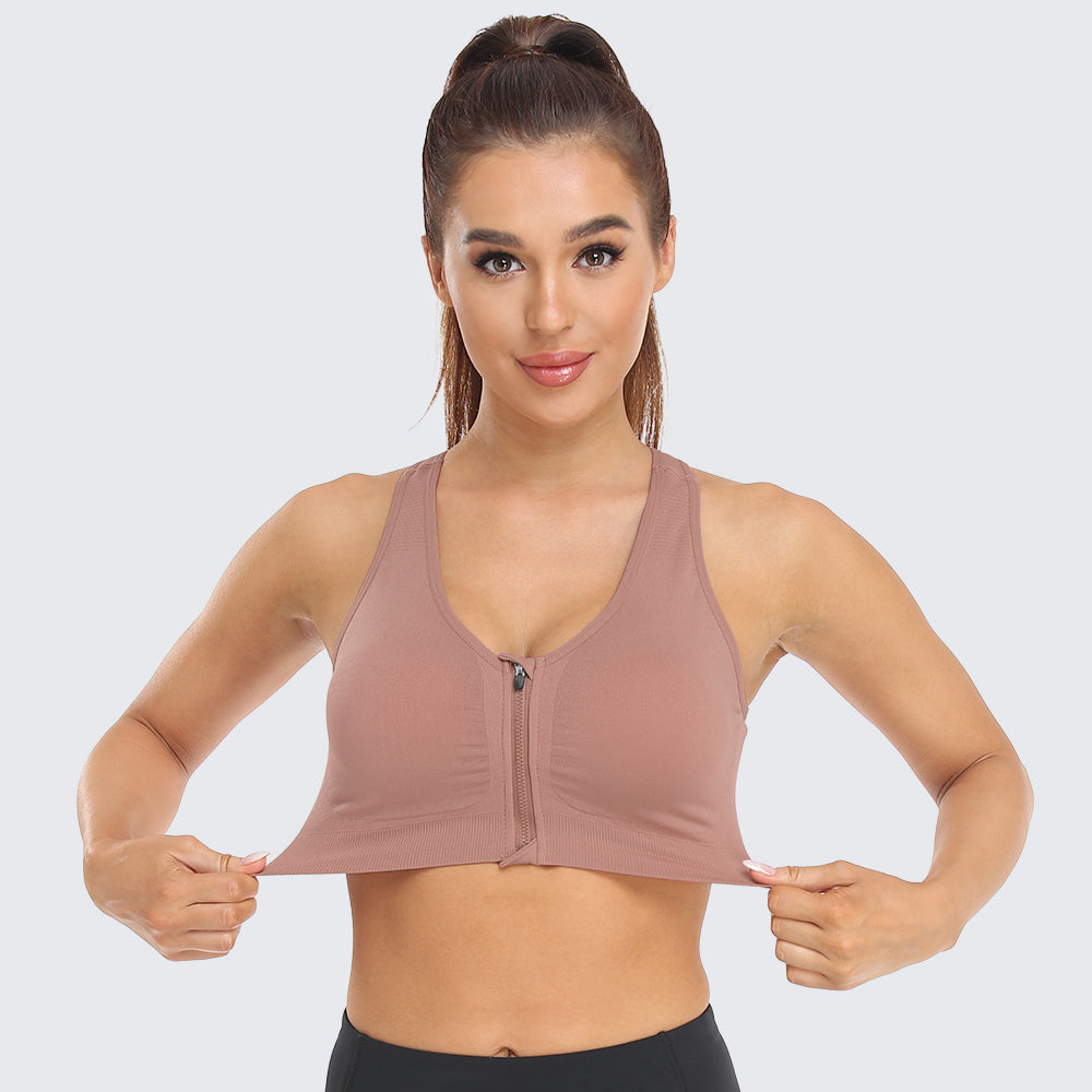 Zip Front Racerback Sports Bra Bean Paste