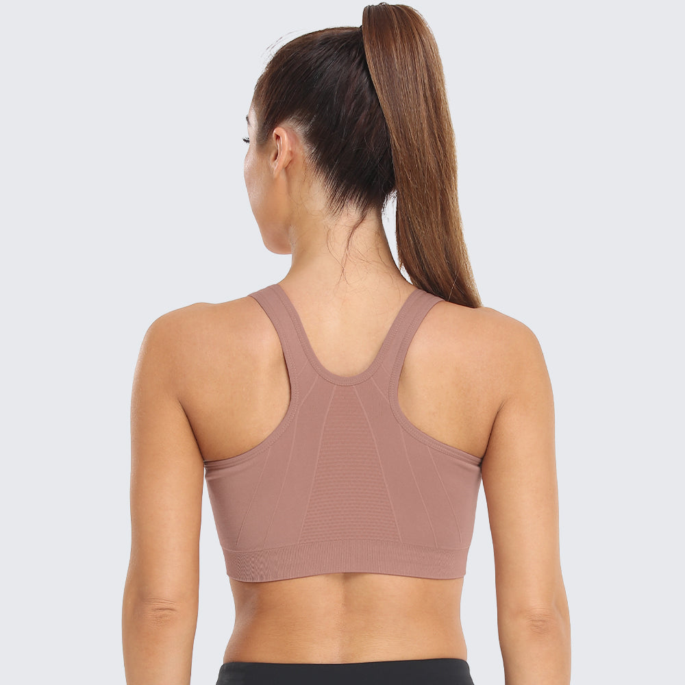 Zip Front Racerback Sports Bra Bean Paste