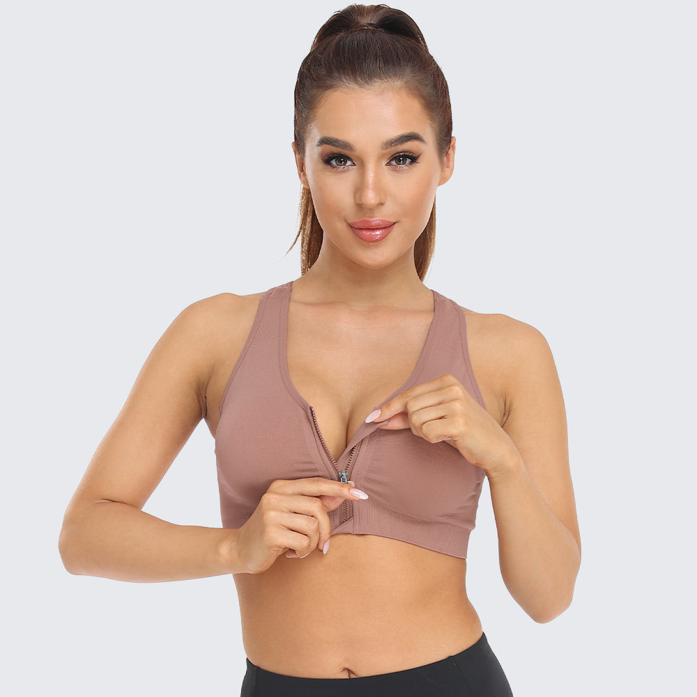 Zip Front Racerback Sports Bra Bean Paste