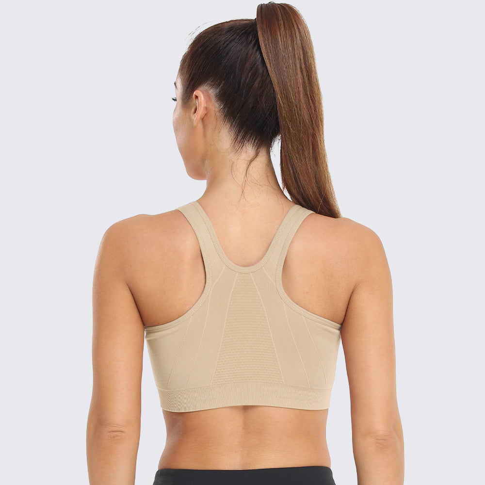 Zip Front Racerback Sports Bra Beige