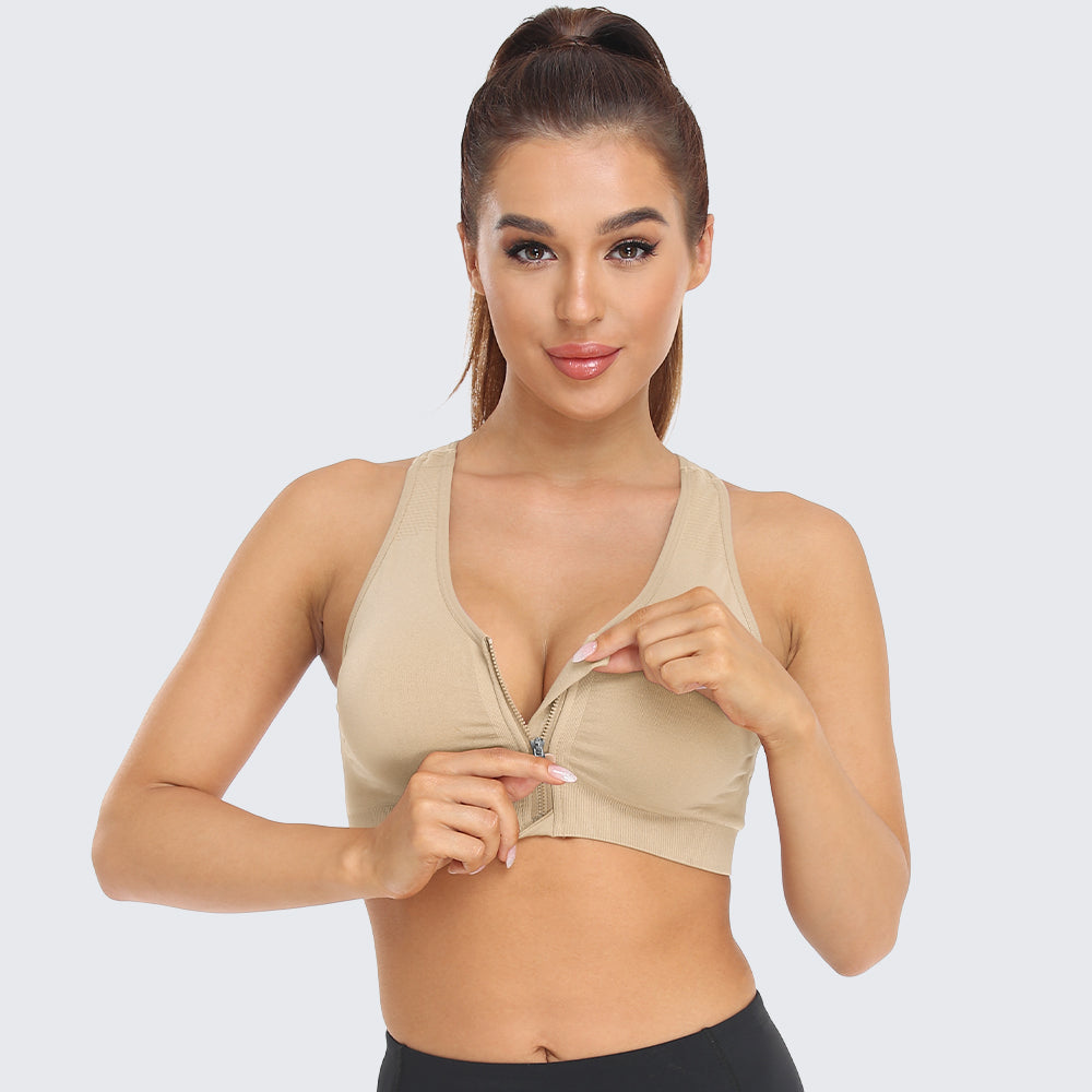 Zip Front Racerback Sports Bra Beige