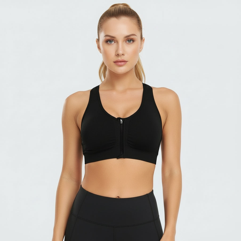 Zip Front Racerback Sports Bra Black