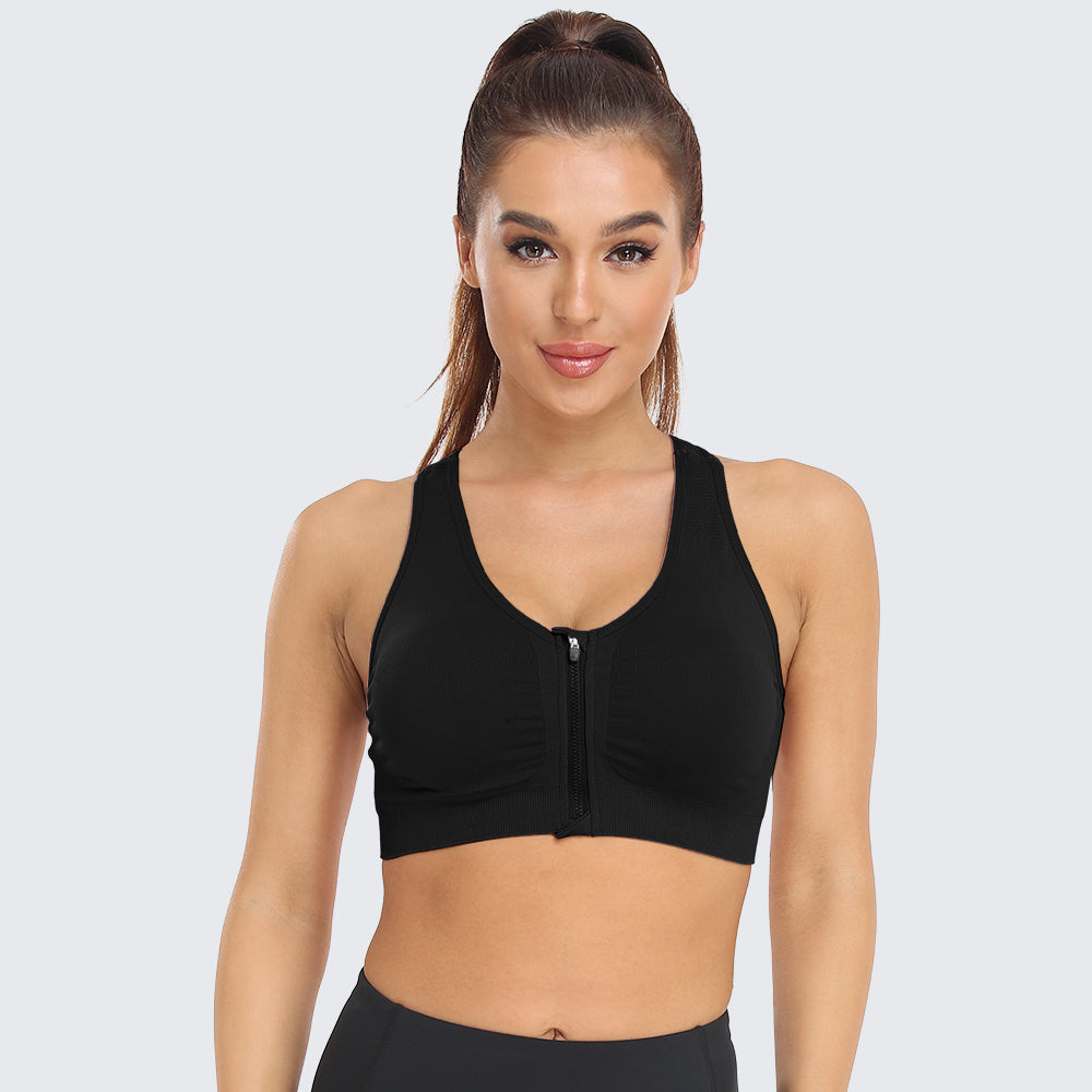 Zip Front Racerback Sports Bra Black
