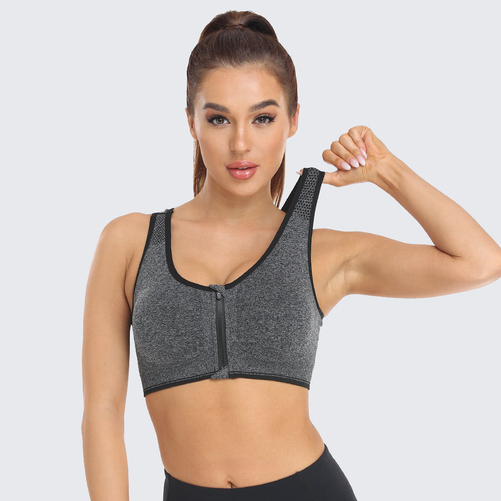 Zip Front Racerback Sports Bra Grey