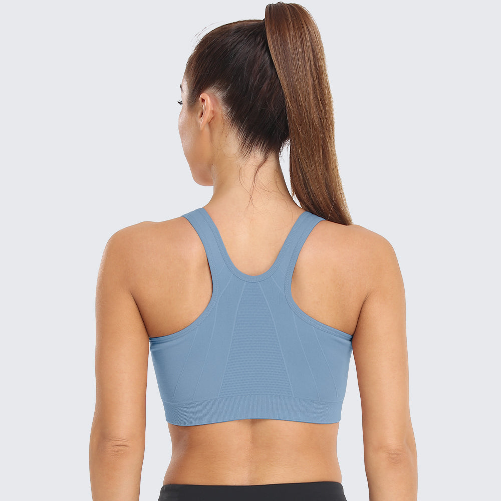 Zip Front Racerback Sports Bra Light Blue