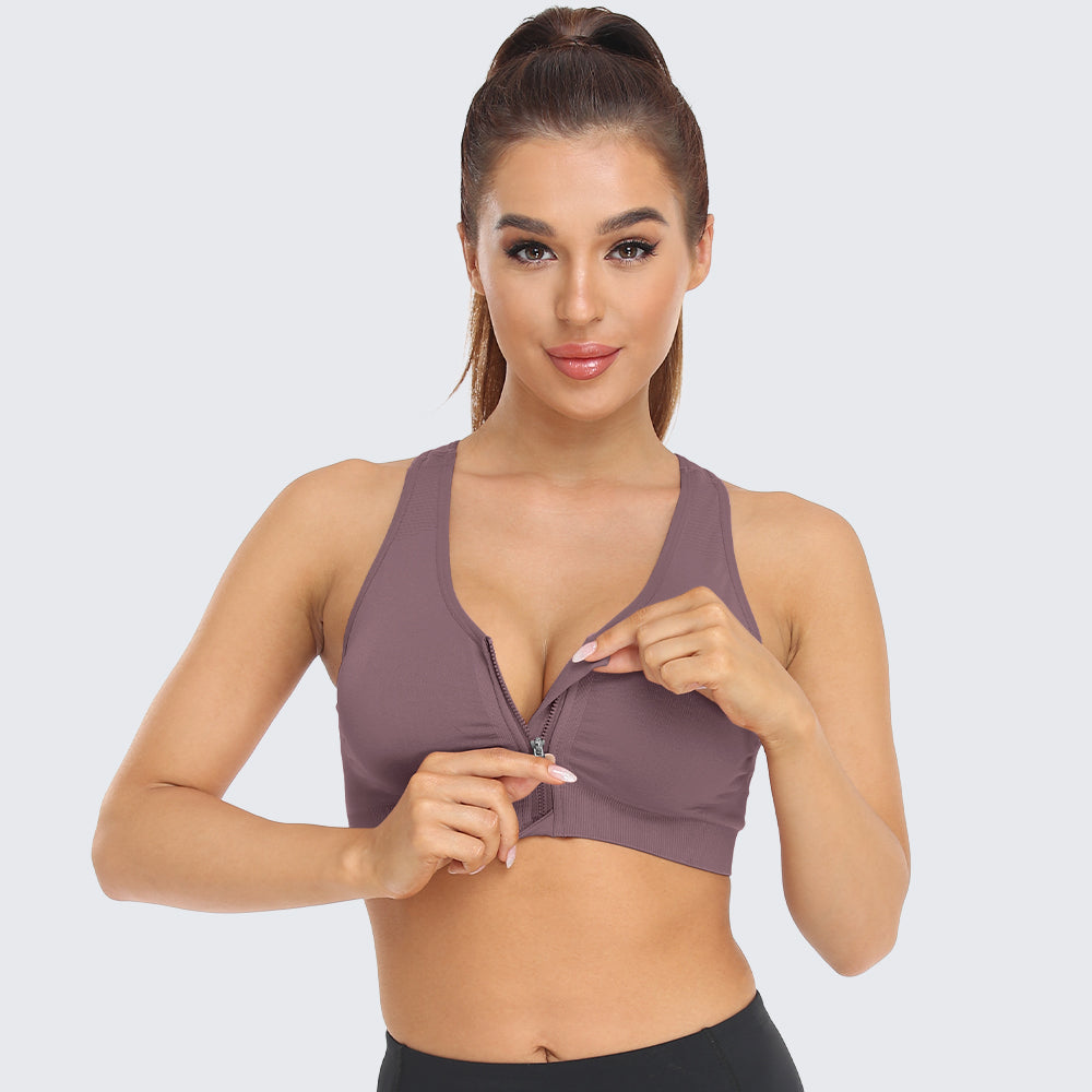 Zip Front Racerback Sports Bra Light Purple